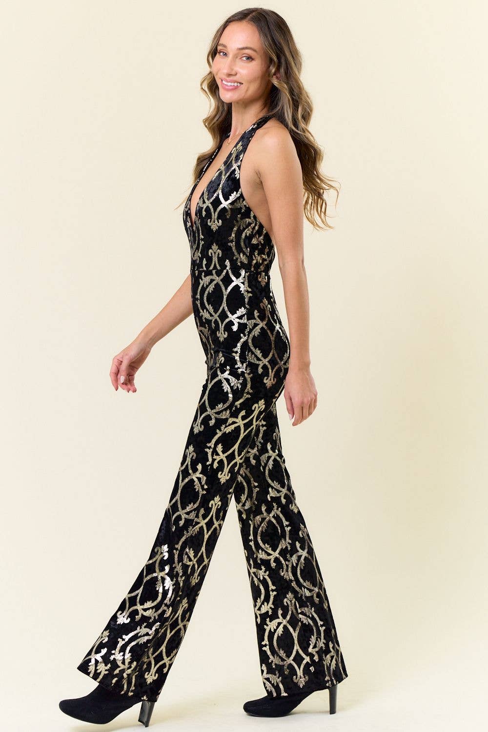 FOIL PRINT VELVET HALTER NECK JUMPSUIT