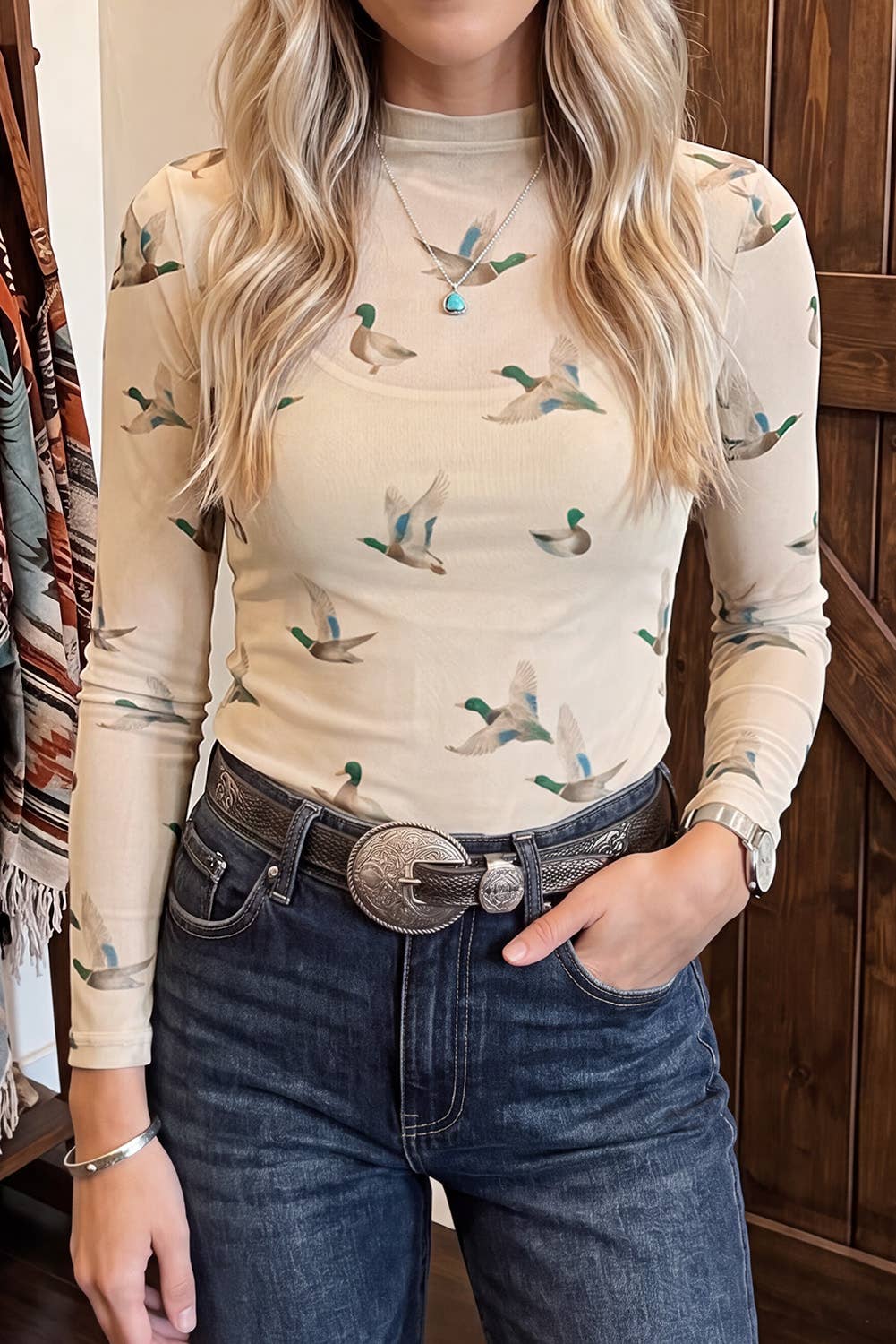 Plus Size Western Print Mock Neck Sheer Mesh Long Sleeve Top