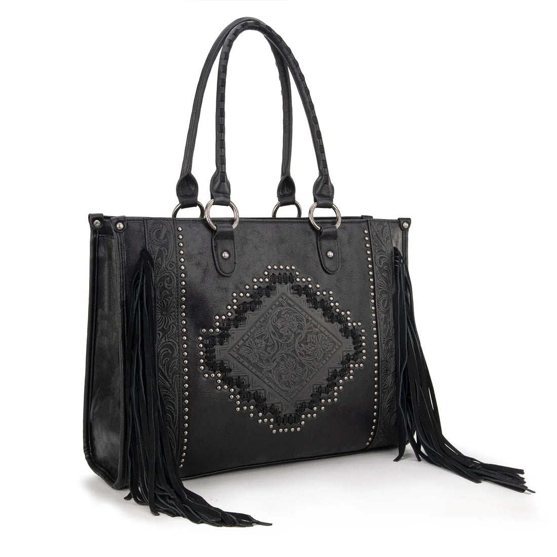 Montana West Western Tool Fringe Concealed Carry Wide Tote — Suede-Look PU Leather with Floral Tooling & Fringe