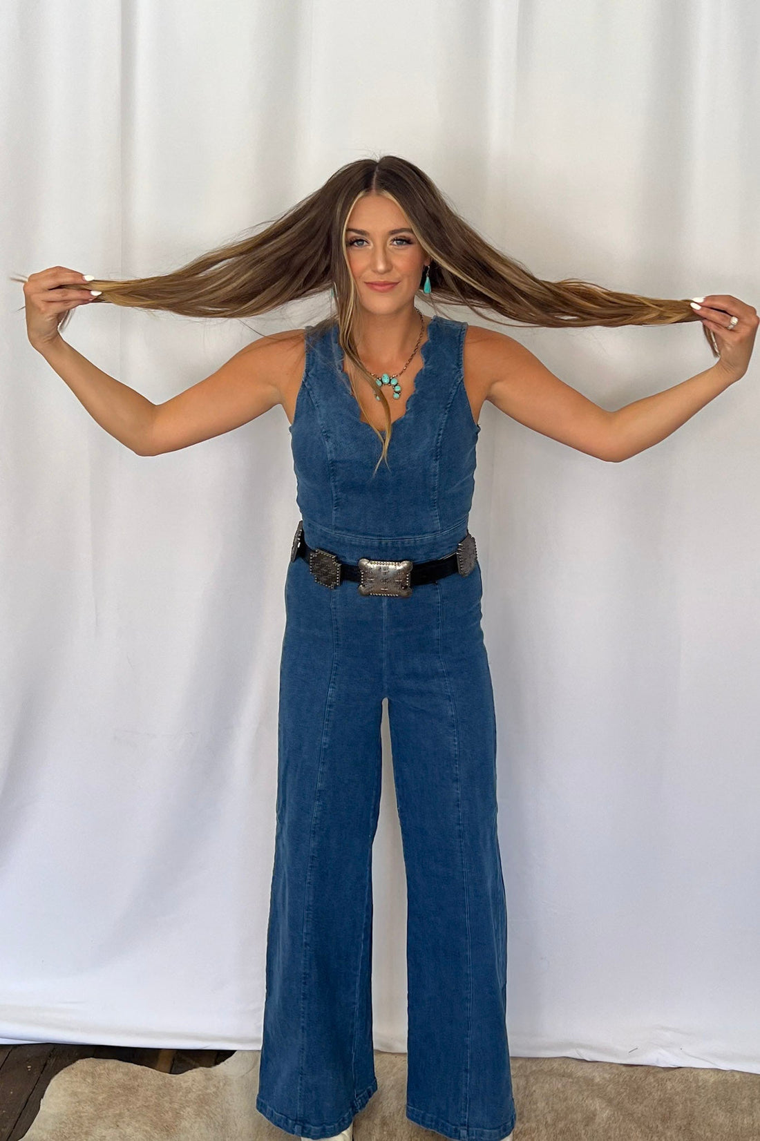 FLYING TOMATO "Rosie" Scalloped Neckline Washed Denim Western Jumpsuit — Wide-Leg with Banded Sash Belt & Back Zipper (small remains)