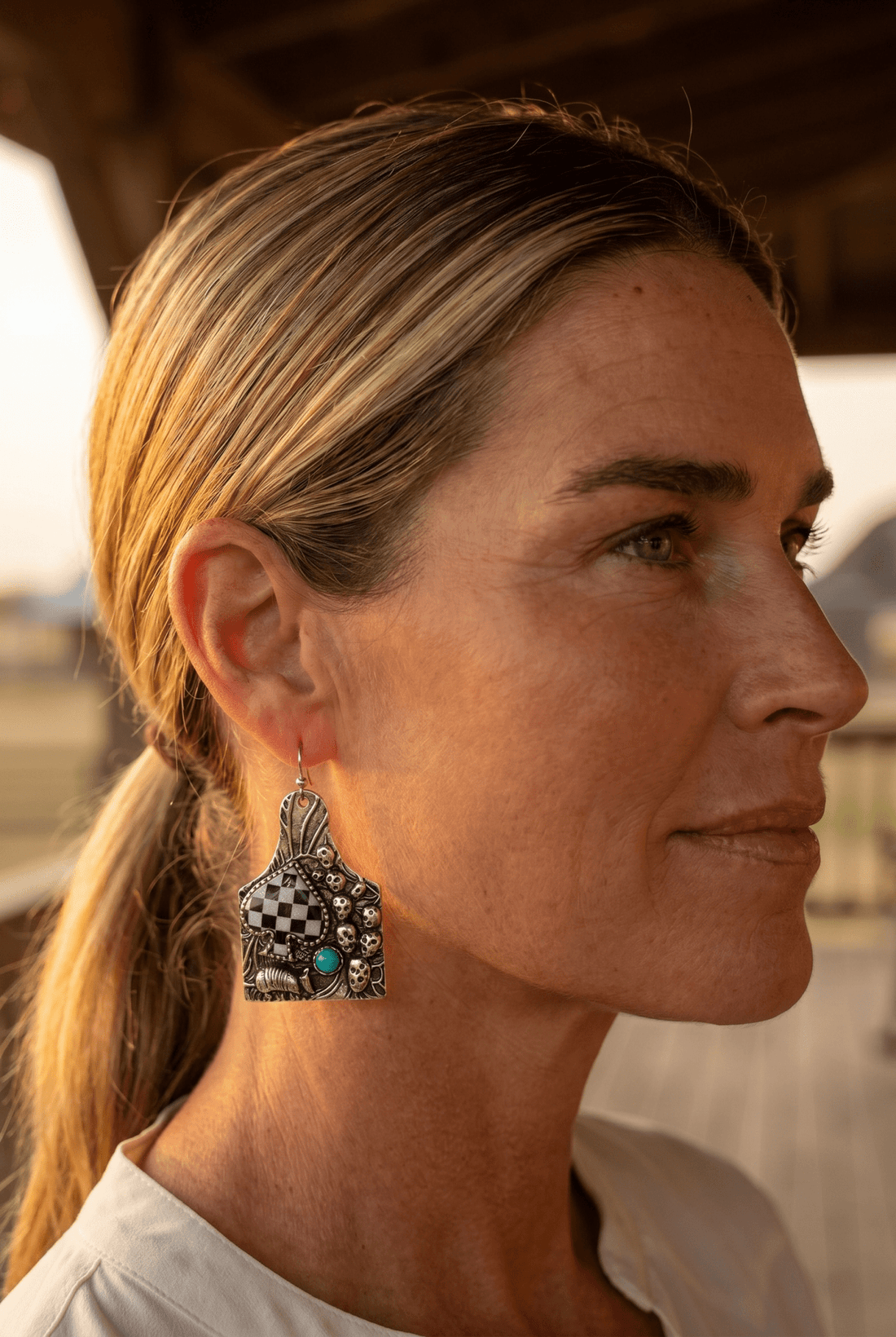 Western Cattle Tag, Armadillo & Spade Earrings with Checker Detail — 1½" Drop