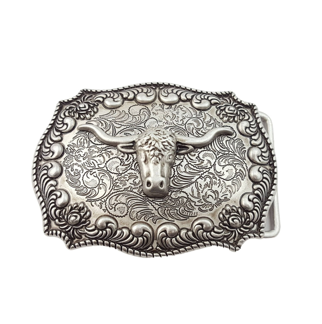 Western Long Horn Belt Buckle — Dark Antique Nickel with Rope Edge Border