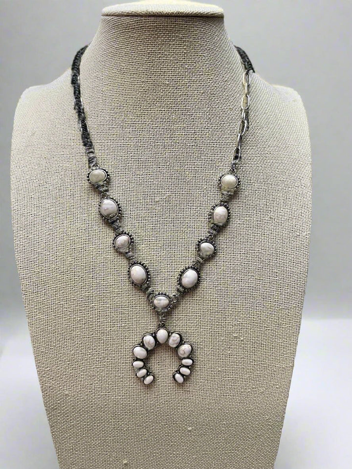 Western White Stone Faux Squash Blossom Necklace — 16 Inch Southwestern Statement