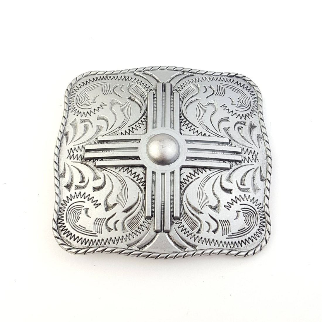 "Zia" Western Belt Buckle — Punchy Silver with Rope Edge, Etched Details & Southwestern Zia Overlay