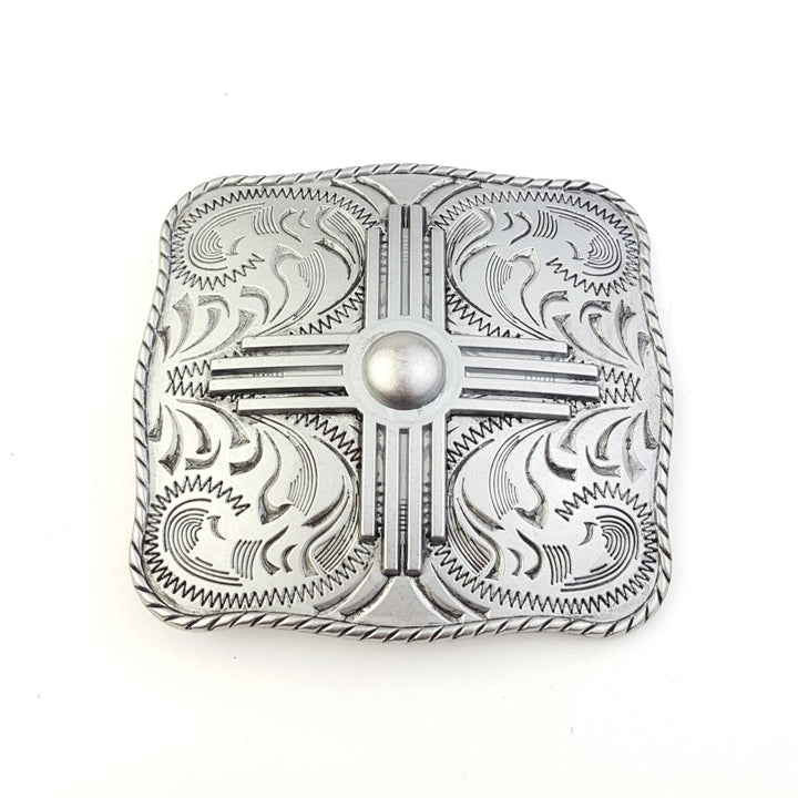 "Zia" Western Belt Buckle — Punchy Silver with Rope Edge, Etched Details & Southwestern Zia Overlay